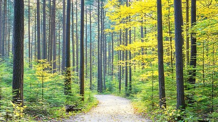 Fototapeta premium Serene Pathway Through Lush Autumn Forest with Vibrant Foliage