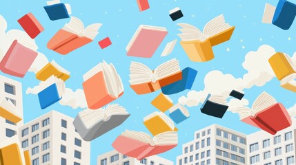 Floating Books Above Pixel Cityscape