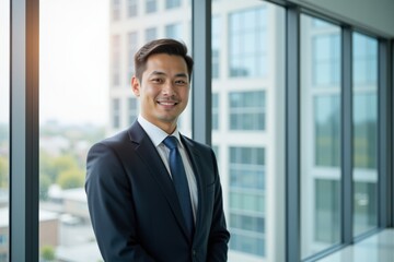 Fototapeta premium Confident Young Asian Male Business Professional in a Suit Smiling for the Camera with Cityscape in the Background During Daytime at Modern Office Building