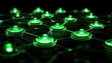 High-tech digital network with green glowing nodes and circuit-like connections. Futuristic cyber design with a sci-fi aesthetic.