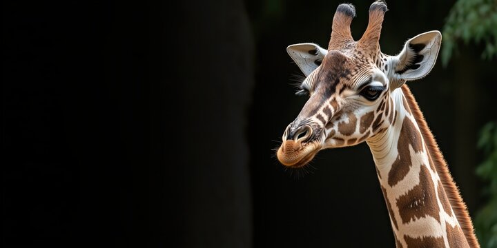 This close-up image of a giraffe showcases its unique features amidst a soft-focus background, emphasizing the elegance and grace of this magnificent animal in its habitat.