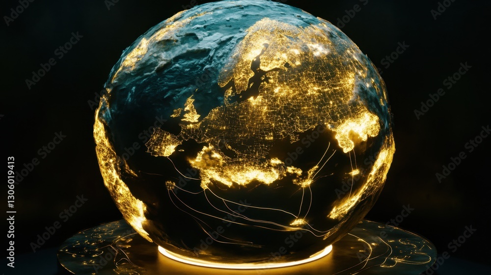 Poster high-tech earth model glowing in dark space, illuminated data links spanning across continents