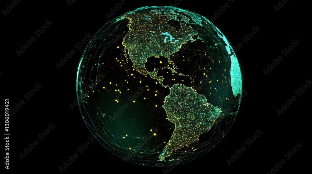 Aufkleber high-tech earth model glowing in dark space, illuminated data links spanning across continents