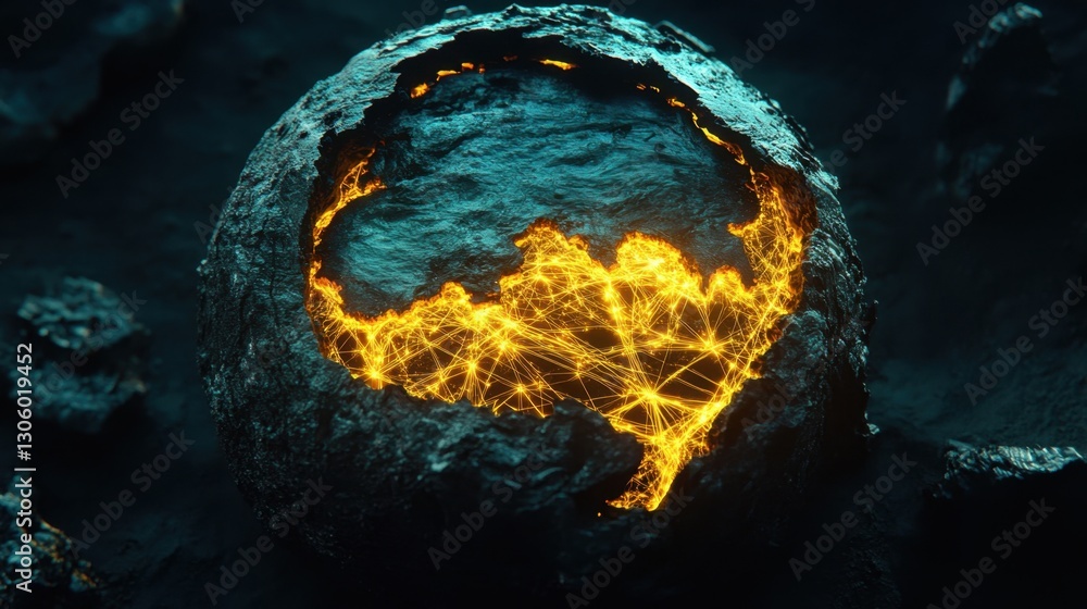 Poster high-tech earth model glowing in dark space, illuminated data links spanning across continents