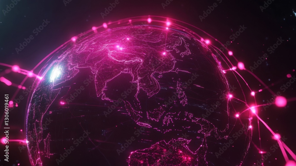 Poster high-tech earth with neon data lines connecting continents, cyber networking theme