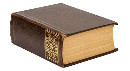 Obraz premium Close-up of Brown Leather Book with Gold Embellishments on Black Background