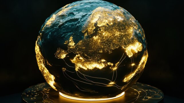 High-tech Earth model glowing in dark space, illuminated data links spanning across continents