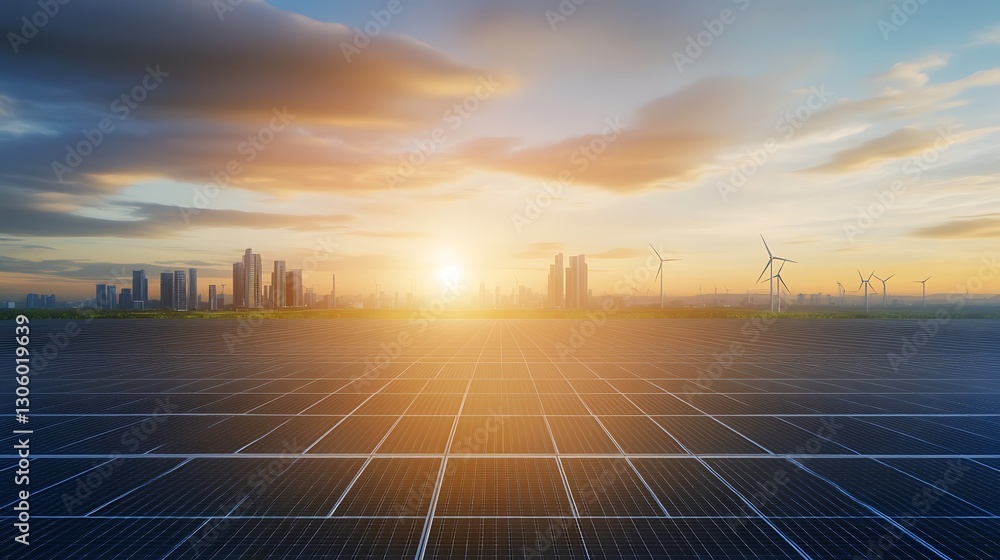 Poster image of a skyline showcasing a smart city powered by renewable energy sources.