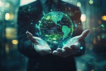 Fototapeta premium Double exposure of a businessman with an open palm holding a glowing green energy ball, with holographic projections of eco-friendly industrial solutions and net-zero initiatives.
