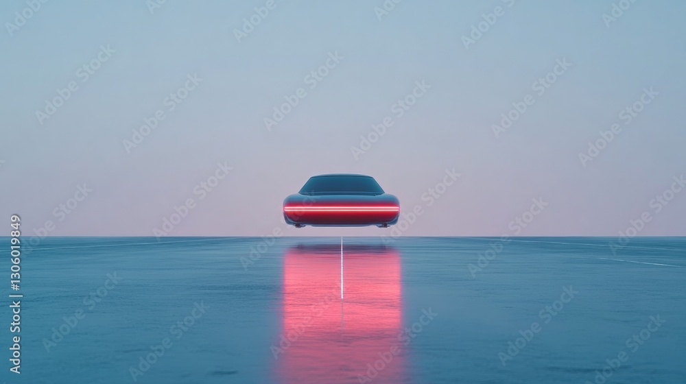 Poster sleek hover car with neon underglow hovering above chrome-plated runway illuminated by soft light surrounded by ample