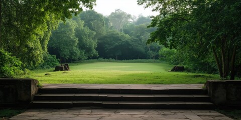 A beautiful open green space surrounded by lush trees invites tranquility and peace, providing an idyllic spot for relaxation and reconnecting with nature.