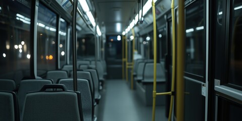 Fototapeta premium A modern, spacious empty bus interior showcasing sleek seating design and subtle lighting, presenting a calm and inviting atmosphere for passengers.