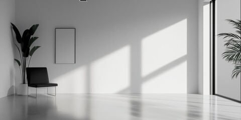 A minimalist interior space showcasing a sleek chair and plant, where natural light creates striking shadows on the wall, capturing simplicity and elegance.
