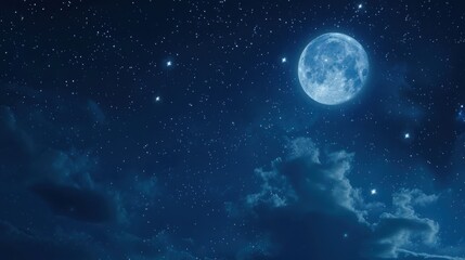 Obraz premium Full Moon and Stars in Dark Blue Sky with Clouds