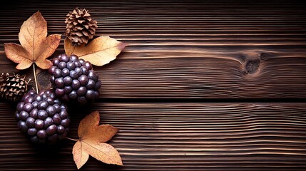 Naklejka premium Autumn Arrangement with Berries and Leaves on Wooden Background