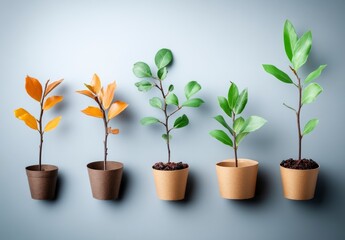 Modern Vertical Garden with Colorful Potted Plants Against a Soft Blue Wall Background
