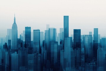 Unemployment Rate Growth Concepts. Urban skyline in blue tones with iconic skyscrapers and misty background.