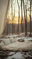 Cozy winter sunset forest camp