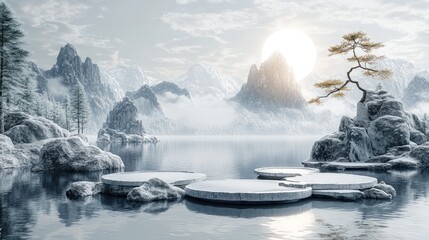 Winter mountain lake scene with podiums