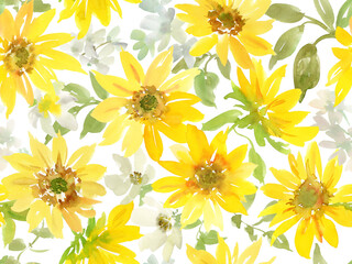 A seamless summer pattern of abstract sunflowers and wildflowers painted in watercolor with transparent background. Hand-painted sunflower PNG wallpaper.