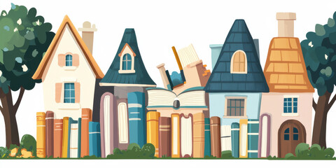 Whimsical Houses and Colorful Books Illustration
