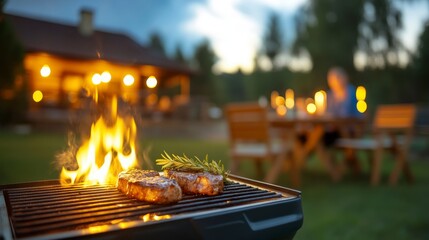 Grilling Juicy Steaks Over Open Flame in Summer Evening with Cozy Outdoor Dining Setup