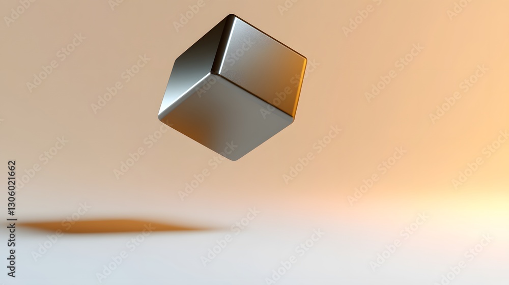 Poster floating metallic cube abstract 3d render