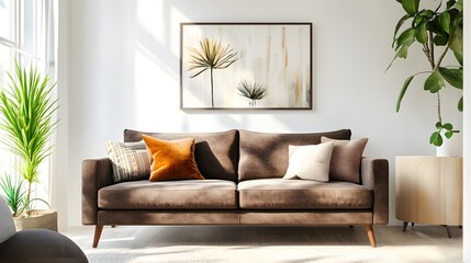 Cozy Brown Sofa Adorned with Plush Decorative Cushions in a Bright Modern Living Room Setting