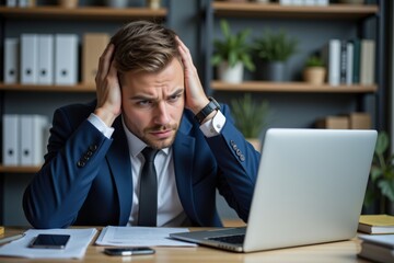 Frustrated Adult Male Professional in Business Attire Struggling with Laptop at Work Desk Surrounded by Papers and Books in Office Setting