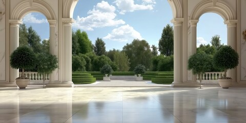 Obraz premium A breathtaking view of a lush garden framed by captivating classical architecture, illustrating a serene and inviting atmosphere that beckons tranquility and beauty.