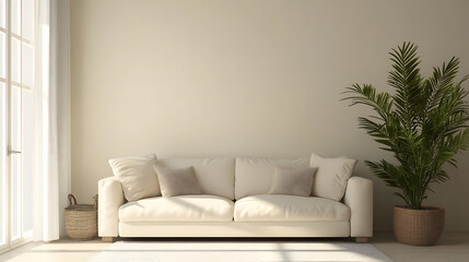 living room with a soft cream-colored sofa, a simple rug, a few accent pillows, and a large potted plant for contrast 
