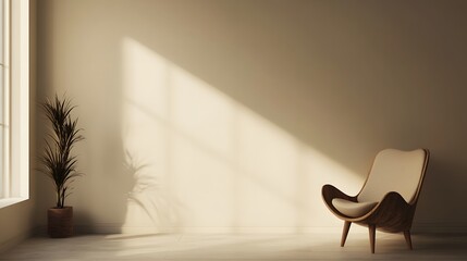 Minimalist Haven with Beige Walls and Wooden Chair in Sunlit Room