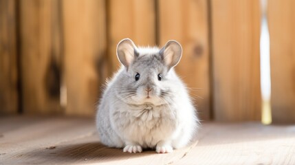 Obraz premium Adorable Grey Chinchilla Posing Gracefully Against a Natural Wood Backdrop