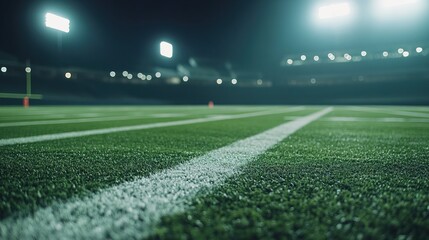 Football field under dramatic stadium lights, abstract bokeh background, capturing intensity and focus.
