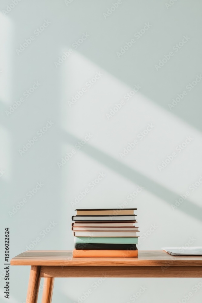 Poster stack of diverse textbooks on teacher wooden desk representing learning surrounded by bright minimal