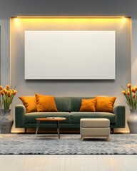 Modern living room with stylish green sofa, decorative pillows, vibrant tulip flowers, and minimalistic design