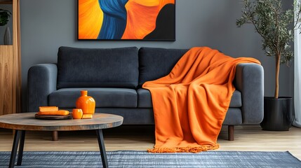 Orange Plush Blanket Draped Over Couch in Modern Living Room with Artistic Wall Decor and Decorative Elements