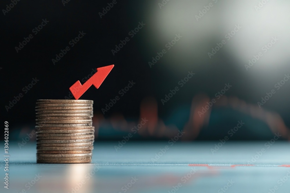 Poster stack of gold coins positioned on left with bright red arrow pointing upwards on right background sh