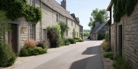 Fototapeta premium A quaint street lined with charming stone cottages surrounded by greenery, offering a picturesque view that captures the essence of rural tranquility and timeless beauty.