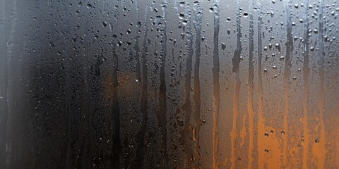 A fogged window captivates as moisture beads and drips, creating an atmospheric scene that symbolizes warmth inside contrasting with the colder outside world.