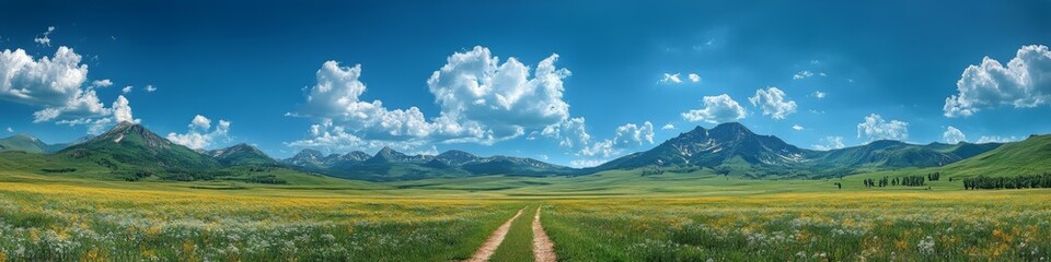 Panoramic Landscape of a Serene Meadow Path Leading to Distant Mountains Under a Vibrant Blue Sky