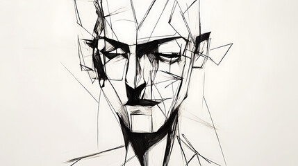 Abstract geometric sketch of a human face with sharp angular lines on a white background

