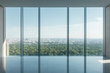 Fototapeta premium stunning panoramic window view opens onto serene landscape with ample copy space for text in foreground