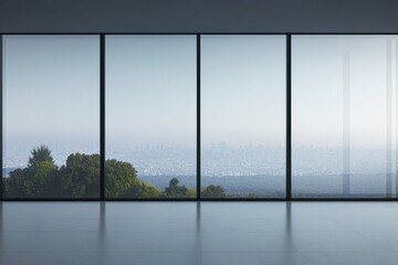 stunning panoramic window view opens onto serene landscape with ample copy space for text in foreground