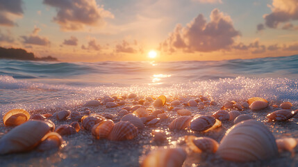 Obraz premium Serene sunset over a sandy beach adorned with seashells, waves gently lapping at the shore