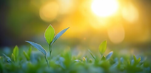 Fototapeta premium Green Plant Sprout in Sunlight at Sunrise