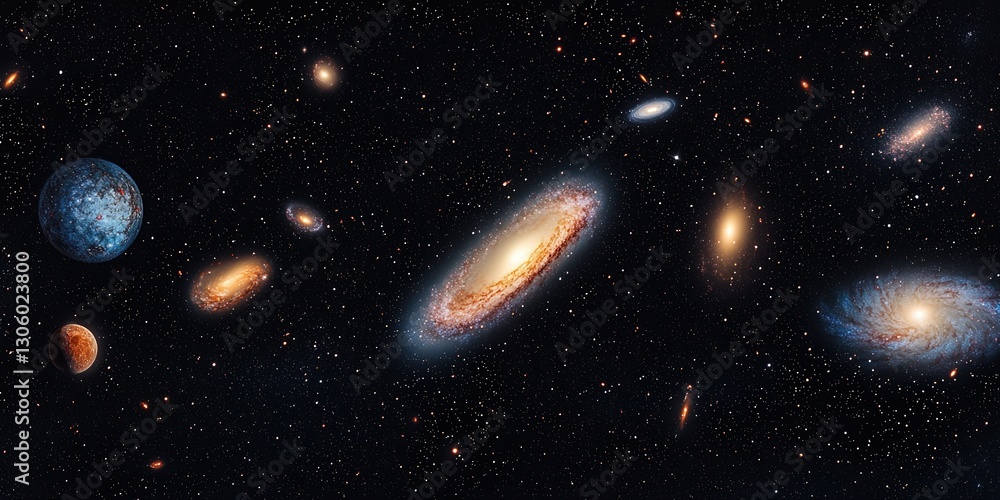 Poster universe expansion dynamics concepts. vast galaxy cluster filled with stars and celestial bodies in 