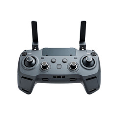 Dark gray drone remote control with dual sticks and central display, sleek symmetrical design isolated on transparent background in high detail