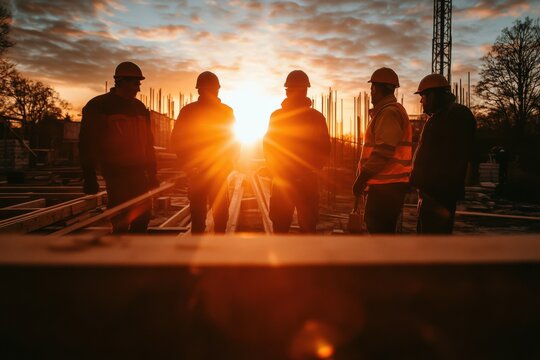 Silhouetted Construction Workers at Sunset: A Group of Diverse Male Laborers in Safety Helmets Stand on a Building Site, Silhouetted Against the Glorious Orange Sunlight