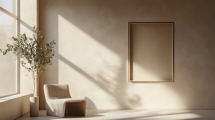 Fototapeta premium Minimalist Interior Scene with Beige Frame and Natural Light Highlighting Textured Walls and Furniture